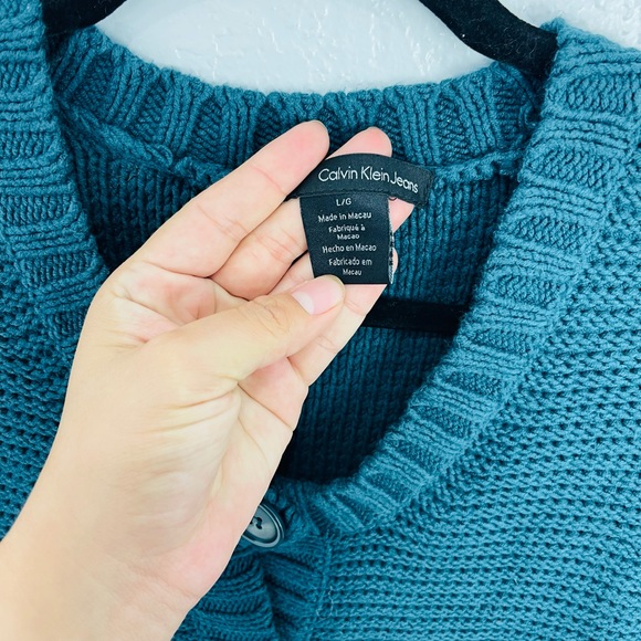 Calvin Klein Jeans Y2K Teal Chunky Knit Baby Doll Midi Cardigan Sweater - Picture 3 of 6
